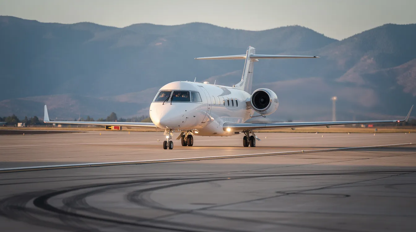 A small jet is taxiing on a wide runway at Centennial Airport, with the majestic Rocky Mountains visible in the distance. The scene captures the essence of general aviation in Colorado, highlighting the aircraft's movement against a backdrop of natural beauty.
