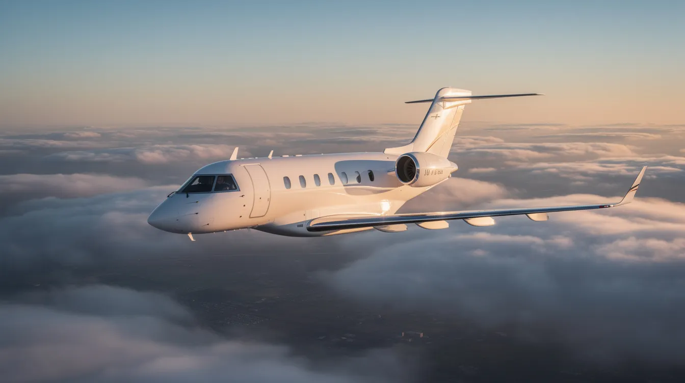 The image depicts a luxurious private jet parked on a tarmac, showcasing its sleek design and spacious exterior. This aircraft represents the epitome of air travel, offering a premium business experience for approved members of a membership community, with access to exclusive routes to destinations like Las Vegas and Cabo San Lucas.