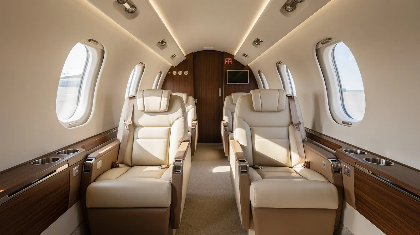 The image depicts the interior of a private jet cabin with comfortable leather seats and natural light, designed for a premium business jet service.