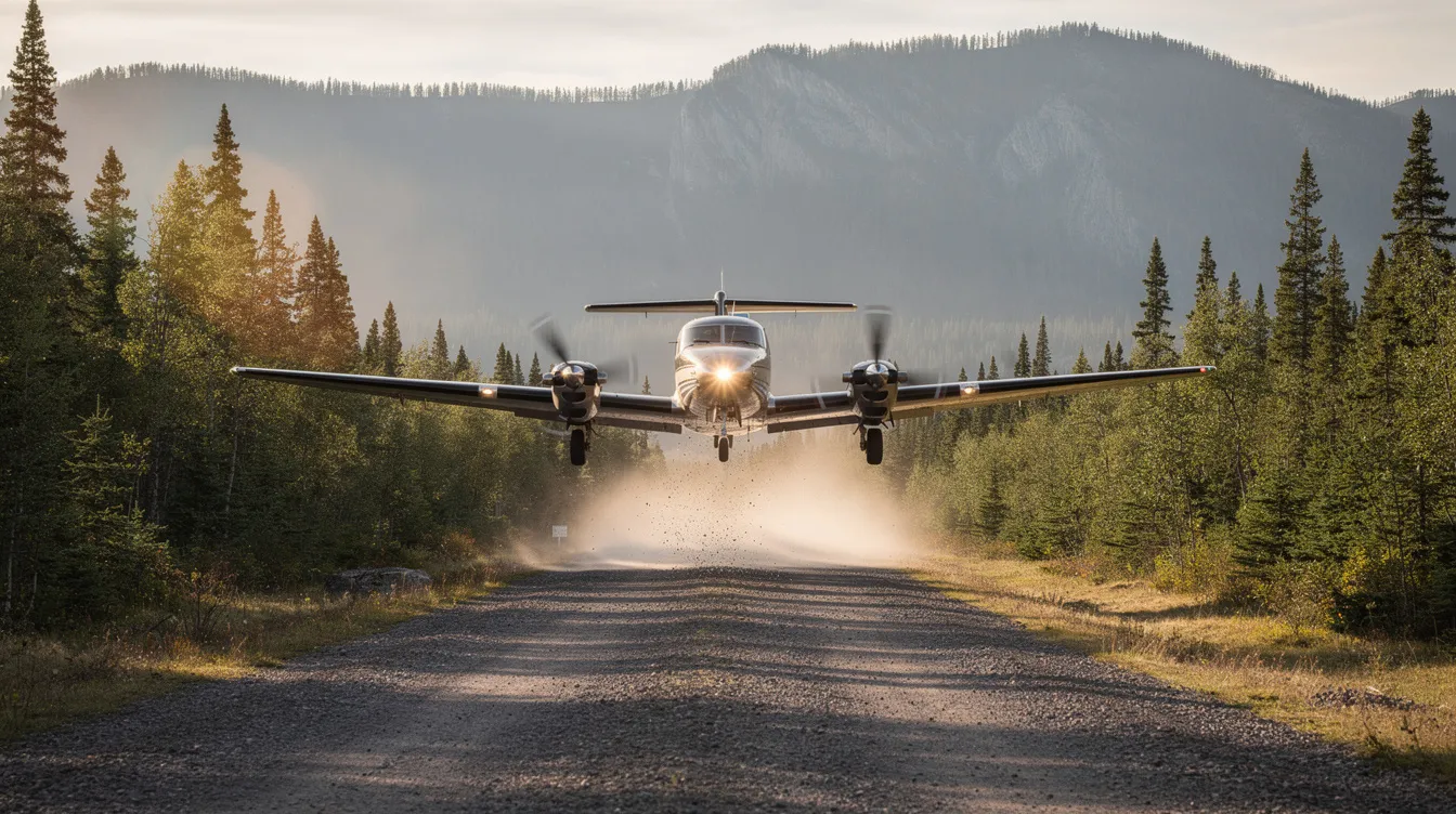 A small turboprop aircraft is landing on a gravel runway surrounded by a lush forested wilderness. The aircraft, known for its fuel efficiency and operational flexibility, is designed for short haul aviation and is commonly used by regional airlines for accessing remote airports.
