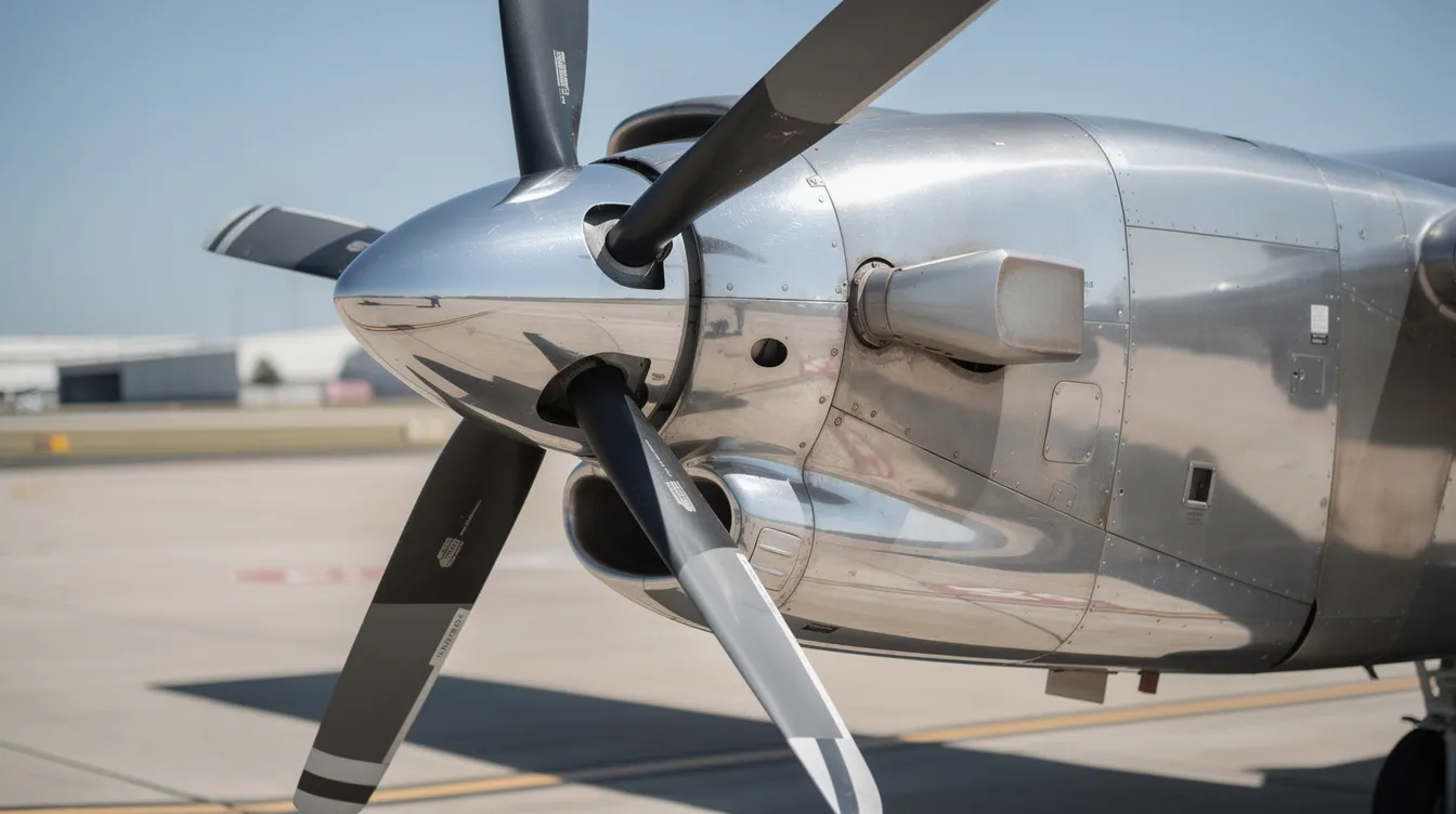 A close-up view of a turboprop engine and its propeller on a parked aircraft, showcasing the intricate details of the propeller system and the engine's modern design, commonly found on regional airlines and small subsonic aircraft. The image highlights the advanced technology used in turboprop aircraft, emphasizing their fuel efficiency and suitability for shorter runways.