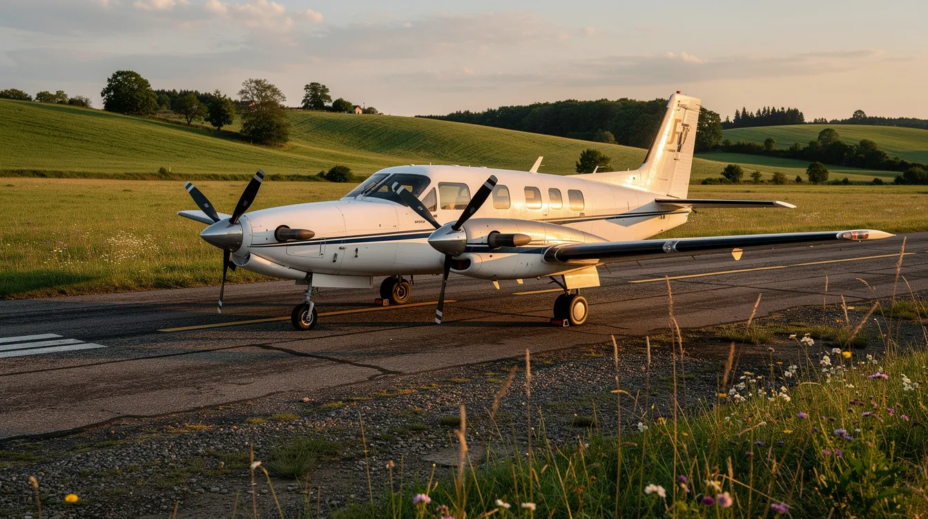A single engine turboprop aircraft is parked on a short rural runway, surrounded by lush green hills in the background. This modern turboprop aircraft, known for its fuel efficiency and ability to operate from short and unpaved runways, showcases the advancements in turboprop technology.