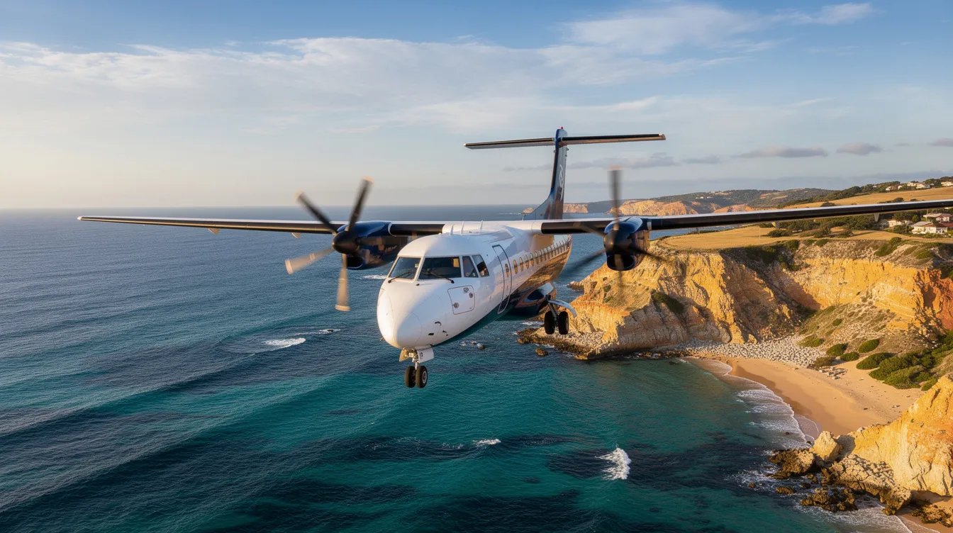 A modern turboprop aircraft, featuring twin turboprop engines, soars gracefully over a stunning coastal landscape with vibrant blue waters below. The aircraft exemplifies advanced turboprop technology, designed for fuel efficiency and operational flexibility, making it ideal for regional routes and smaller airports.