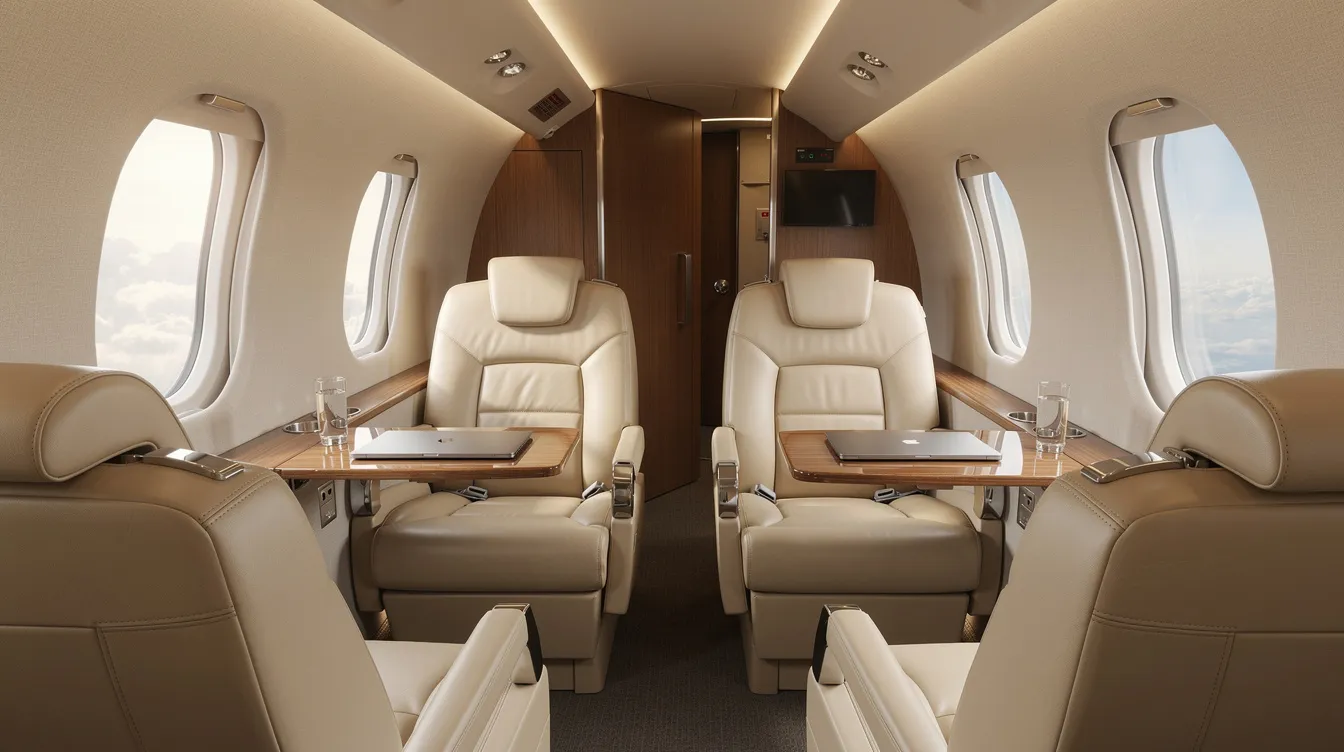 The image depicts the interior of a small executive turboprop aircraft, featuring plush leather club seating and convenient fold-out tables, designed to accommodate up to nine occupants comfortably. This luxurious cabin, part of the Beechcraft King Air B200GT series, emphasizes both style and functionality, ideal for business travel with impressive aircraft performance and specifications.