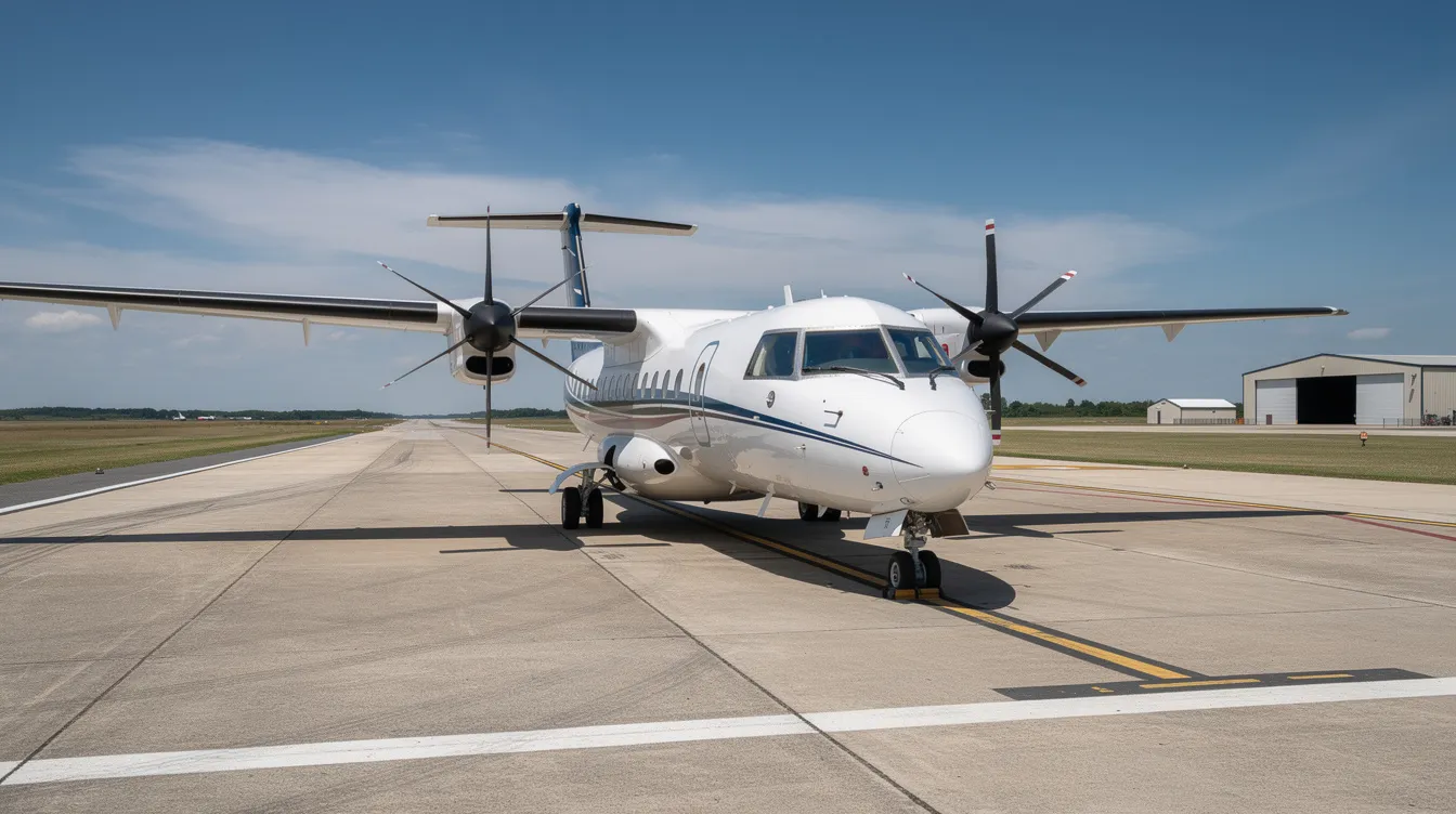 A twin-engine turboprop aircraft, specifically a Beechcraft King Air B200GT, is parked on a regional airport runway under a clear blue sky. This aircraft, known for its powerful engines and spacious cabin designed for up to nine occupants, showcases its impressive performance capabilities, including maximum cruise speed and fuel efficiency.