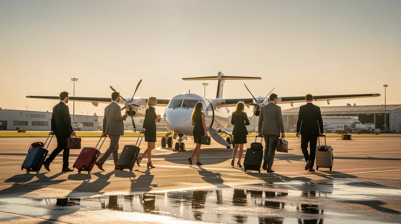 A group of business travelers is walking toward a Beechcraft King Air B200GT turboprop aircraft on the tarmac of a regional airport, ready for their flight. This aircraft, known for its twin-engine performance and spacious cabin, is designed for efficient travel with a maximum cruise speed suitable for business operations.