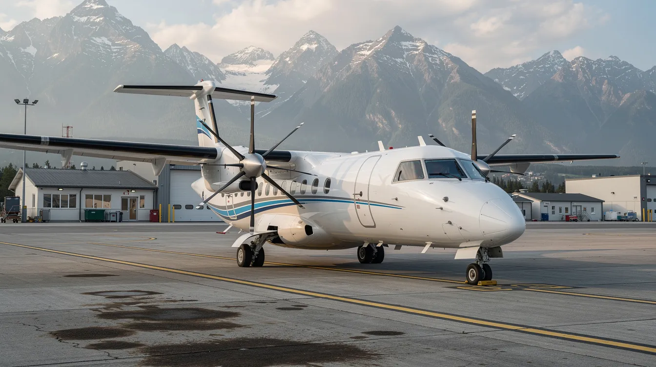 A Beechcraft King Air 360 twin-engine turboprop aircraft is parked on the tarmac of a small regional airport, with majestic mountains in the background. This iconic aircraft features advanced systems for passenger comfort and precision control, making it ideal for various missions, including air ambulance operations.
