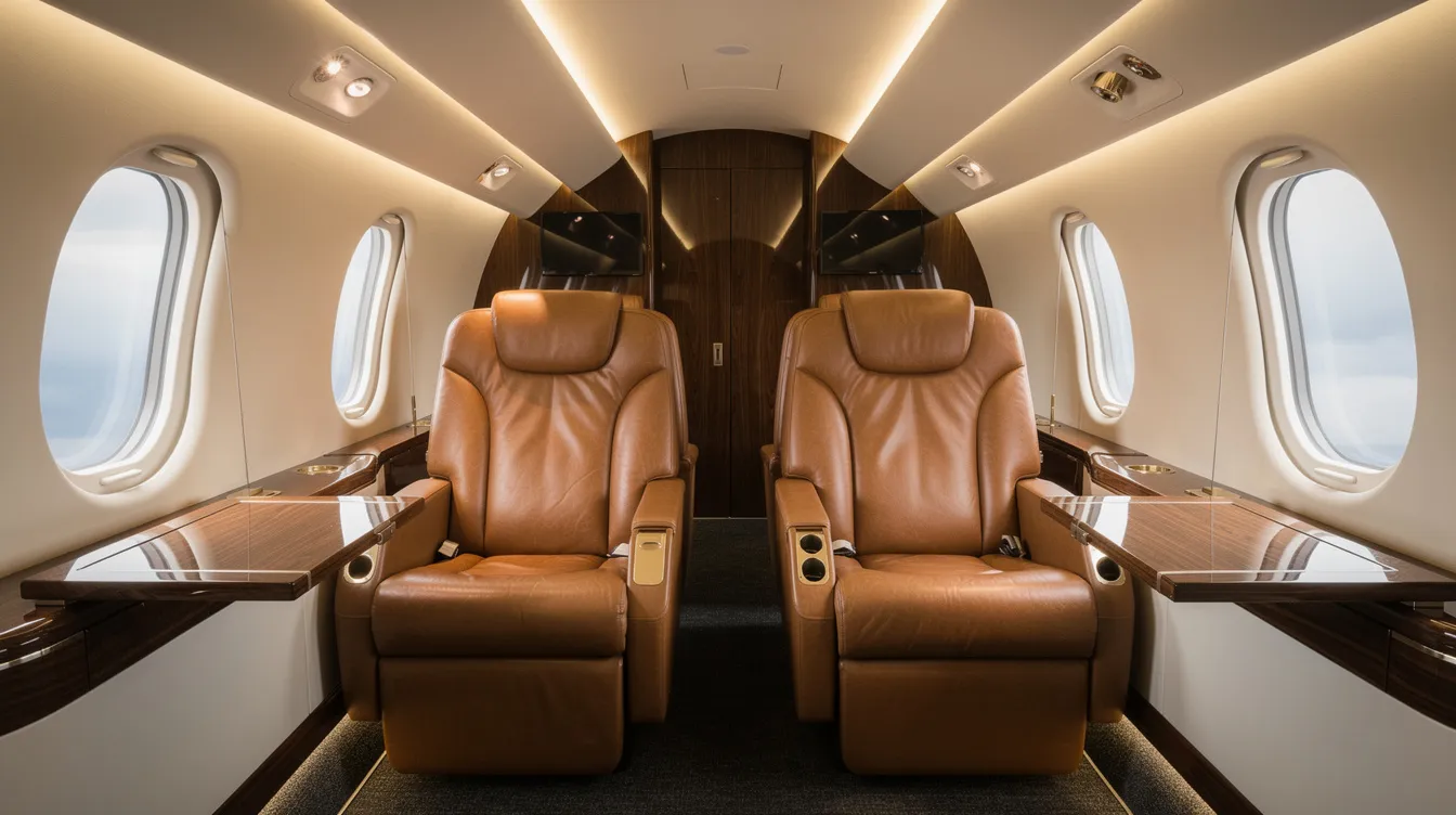 The image depicts the interior of a modern Beechcraft King Air 360 turboprop aircraft cabin, featuring luxurious leather club seats, warm ambient lighting, and polished wood accents that enhance passenger comfort. The cabin design includes upgraded seat features and fold-out tables, creating a contemporary and inviting atmosphere for travelers.