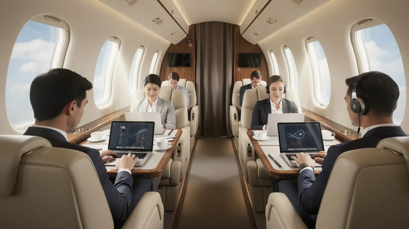 The image depicts passengers seated in the luxurious cabin of a Beechcraft King Air 360, working on their laptops at fold-out tables during a daytime flight. The cabin is designed for passenger comfort, featuring upgraded seat designs and modern amenities, ensuring a relaxed travel experience.