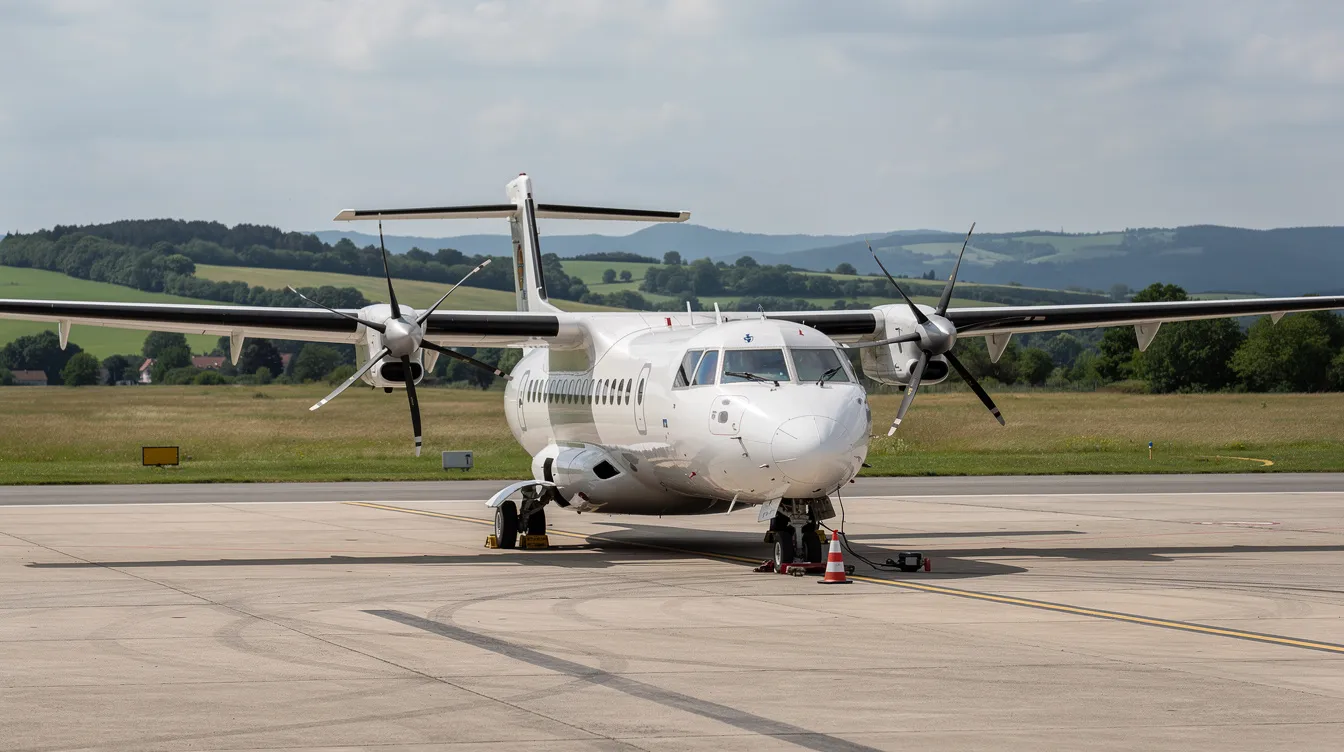 A British Aerospace Jetstream 31 twin-engine turboprop aircraft is parked on the tarmac of a small regional airport, with lush green countryside visible in the background. The aircraft's propellers stand still, highlighting its design for enhanced performance and multi-engine training capabilities.