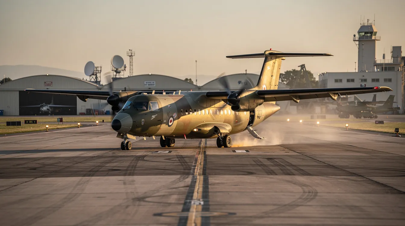 A military-painted twin-engine turboprop aircraft, resembling a British Aerospace Jetstream, is taxiing on a runway at a military airfield. The aircraft, designed for enhanced performance and crew training, showcases its propellers and distinctive military livery as it prepares for takeoff.