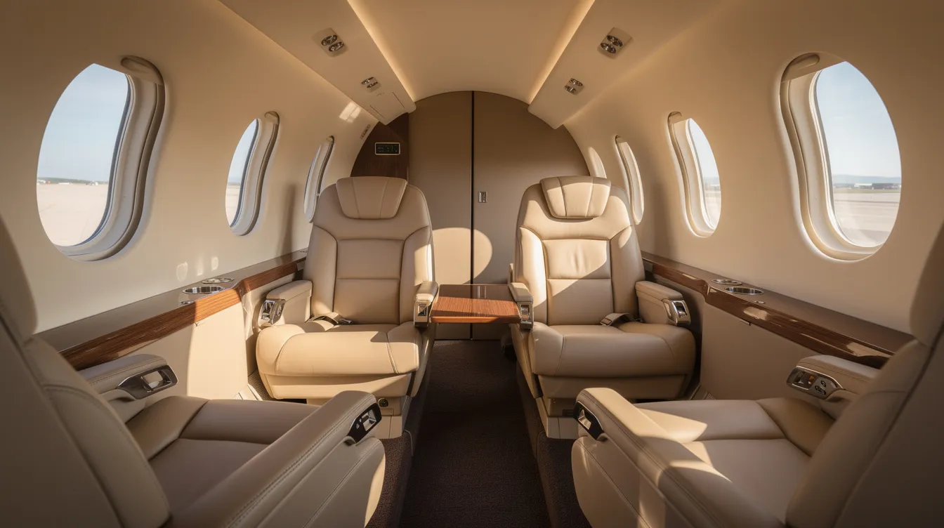 The image depicts the interior of a small aircraft cabin featuring four comfortable leather seats arranged in a club configuration, with natural light streaming through oval windows, highlighting the spacious design typical of Piper aircraft. This cabin setup is ideal for passengers seeking an enjoyable flight experience in a pressurized cabin, emphasizing comfort and efficiency during travel.