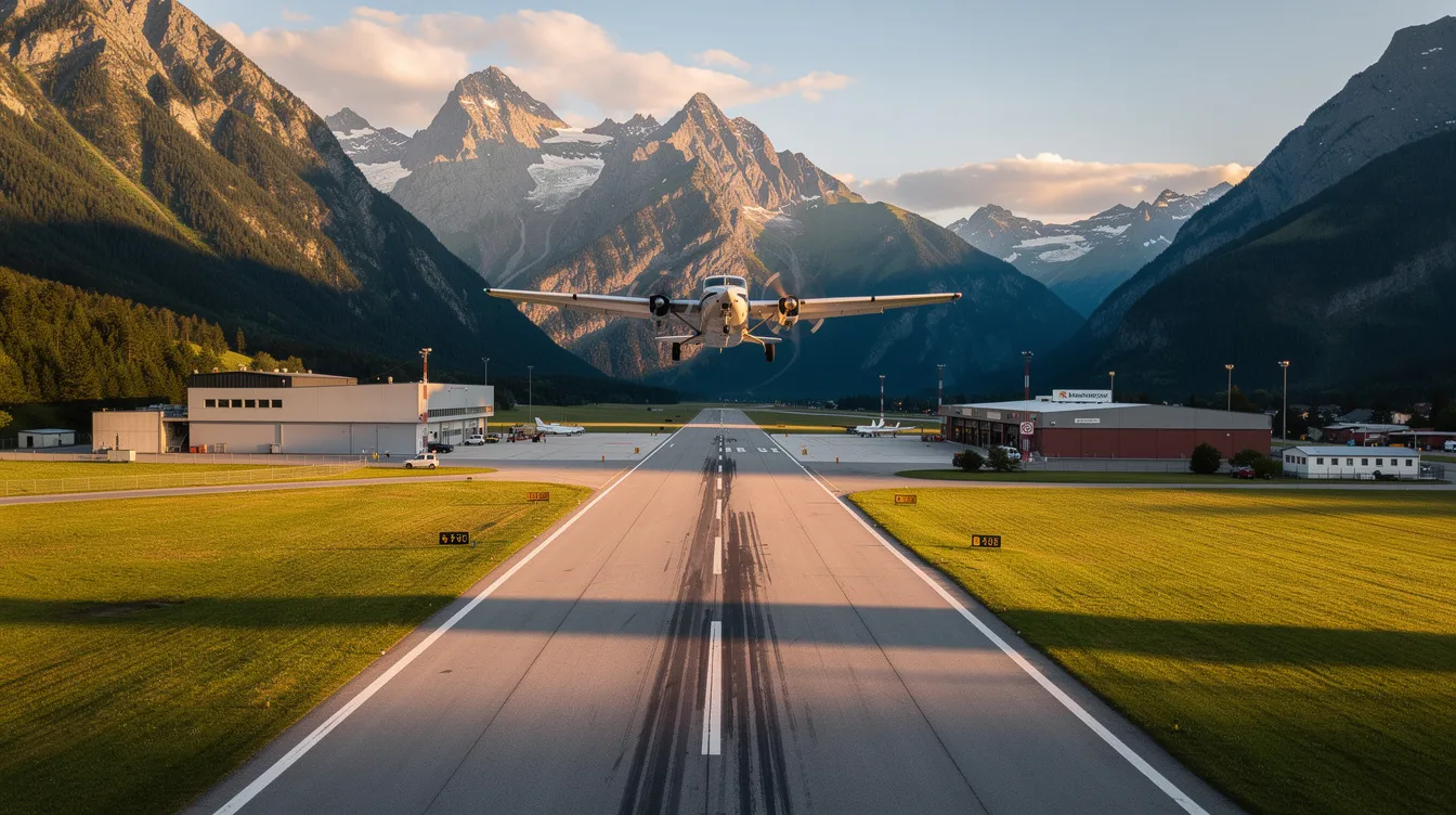 A small regional airport runway is nestled among mountains, with a light aircraft, specifically a Piper Meridian, approaching for landing. The airplane features a turbine engine and retractable landing gear, showcasing its efficient operations and high performance.