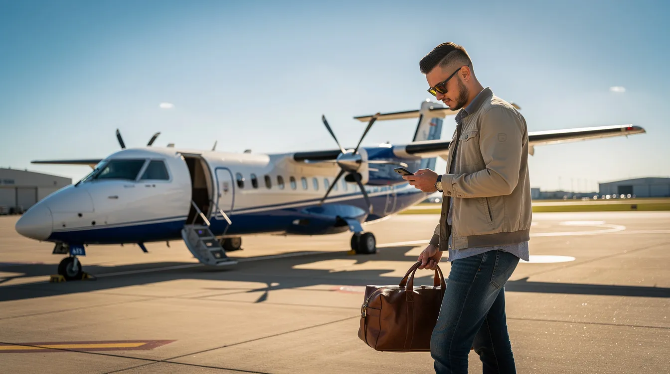A person stands on a sunny tarmac next to a single engine turboprop aircraft, holding a travel bag and looking at their phone. The aircraft, designed for optimal performance and equipped with advanced avionics, is ready for flight, showcasing its sleek exterior and features for passenger comfort.