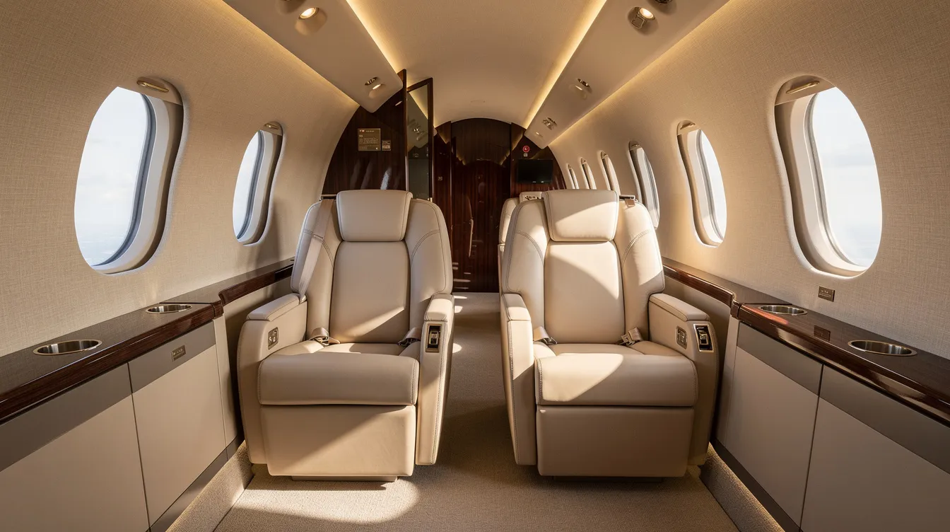 The image depicts the interior of a small luxury aircraft cabin featuring cream leather club seats arranged to face each other, allowing for a comfortable and intimate setting for passengers. Natural light streams through oval windows, enhancing the spacious feel of the cabin, which is designed for both performance and comfort during flight.
