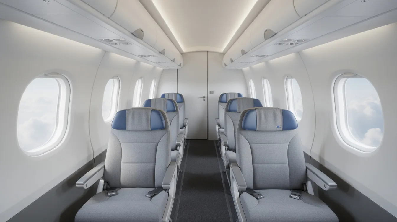 The image shows the interior of a modern regional aircraft cabin, featuring comfortable two-by-two seating and large windows that allow natural light to fill the space. This design is characteristic of the Embraer ERJ 190, known for its improved efficiency and advanced features, making it a popular choice among airlines for regional flights.