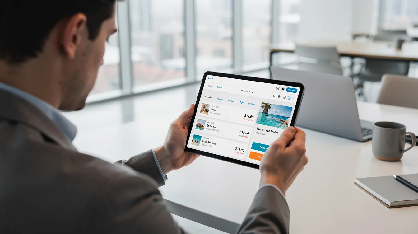 A person is seated at a modern office desk, using a tablet to browse various travel booking options, surrounded by a sleek and professional environment. The focus is on the tablet's screen displaying flight choices, potentially including options for regional aircraft like the Embraer ERJ 190, known for its improved efficiency and long-range capabilities.