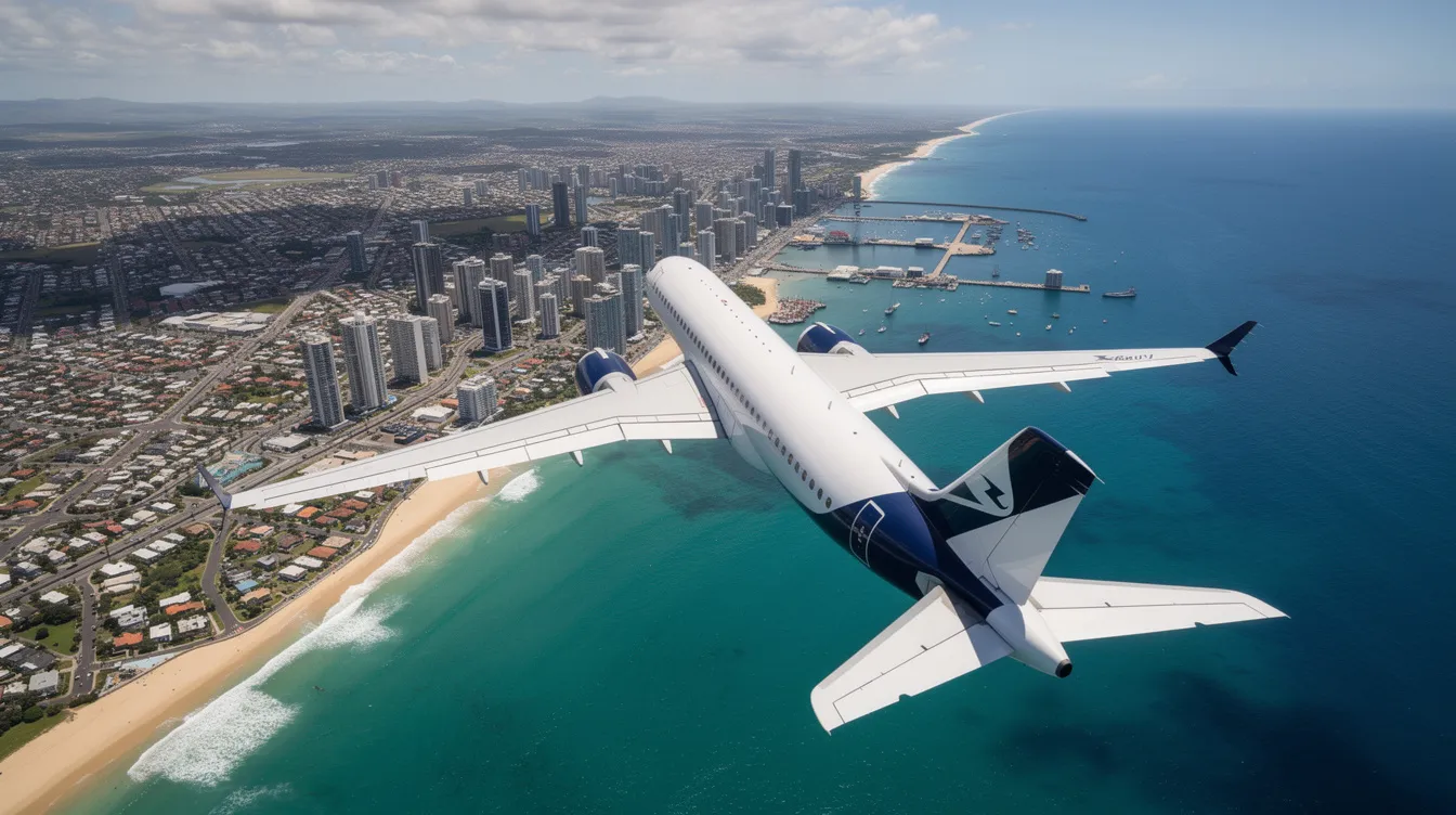 An aerial view captures a twin-engine jet, identified as an Embraer ERJ 190, soaring over a coastal city with vibrant blue waters below. The aircraft, known for its improved efficiency and long-range capabilities, showcases its larger wings and horizontal stabilizer as it flies above the urban landscape.