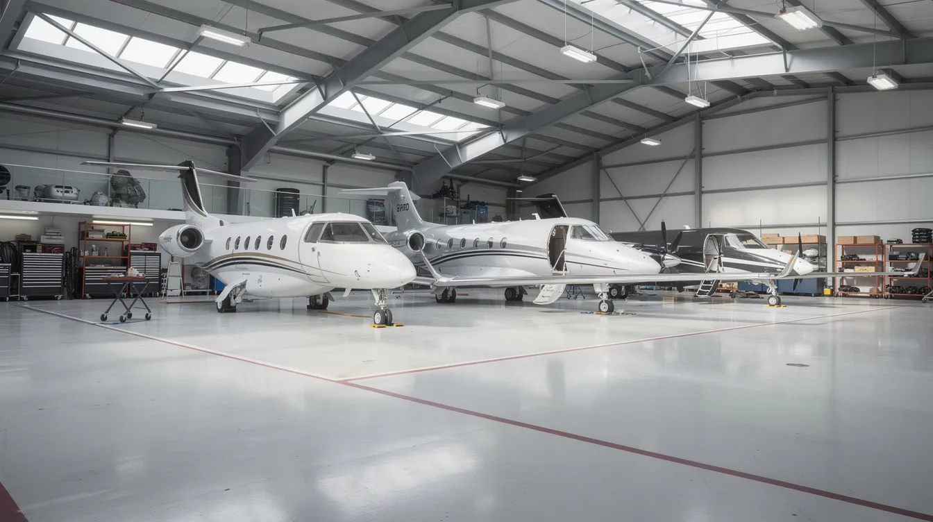 The image shows several business aircraft parked inside a spacious modern hangar with high ceilings, where workshop areas are visible in the background, highlighting the facilities of Fargo Jet Center, a recognized leader among top aviation service companies in North Dakota. The hangar's interior reflects a professional aviation environment, suitable for aircraft maintenance and other services.