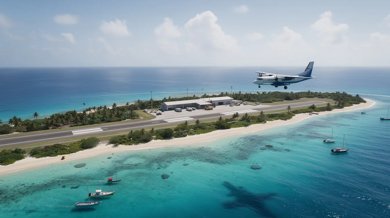 An aerial view captures a small coastal island airport with a turboprop ATR 72 aircraft on approach, gliding over the vibrant turquoise water. The scene showcases the airport's short runways, designed for efficient operations serving remote communities.