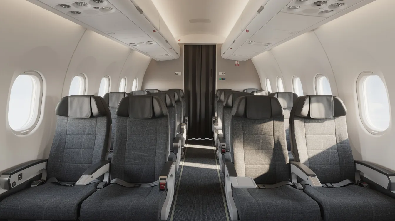 The image depicts the interior of an ATR 72 turboprop aircraft cabin, showcasing rows of comfortable passenger seats, overhead compartments, and ample natural light streaming through the windows. This design emphasizes fuel efficiency and low operating costs, making it ideal for serving remote communities and short runways.