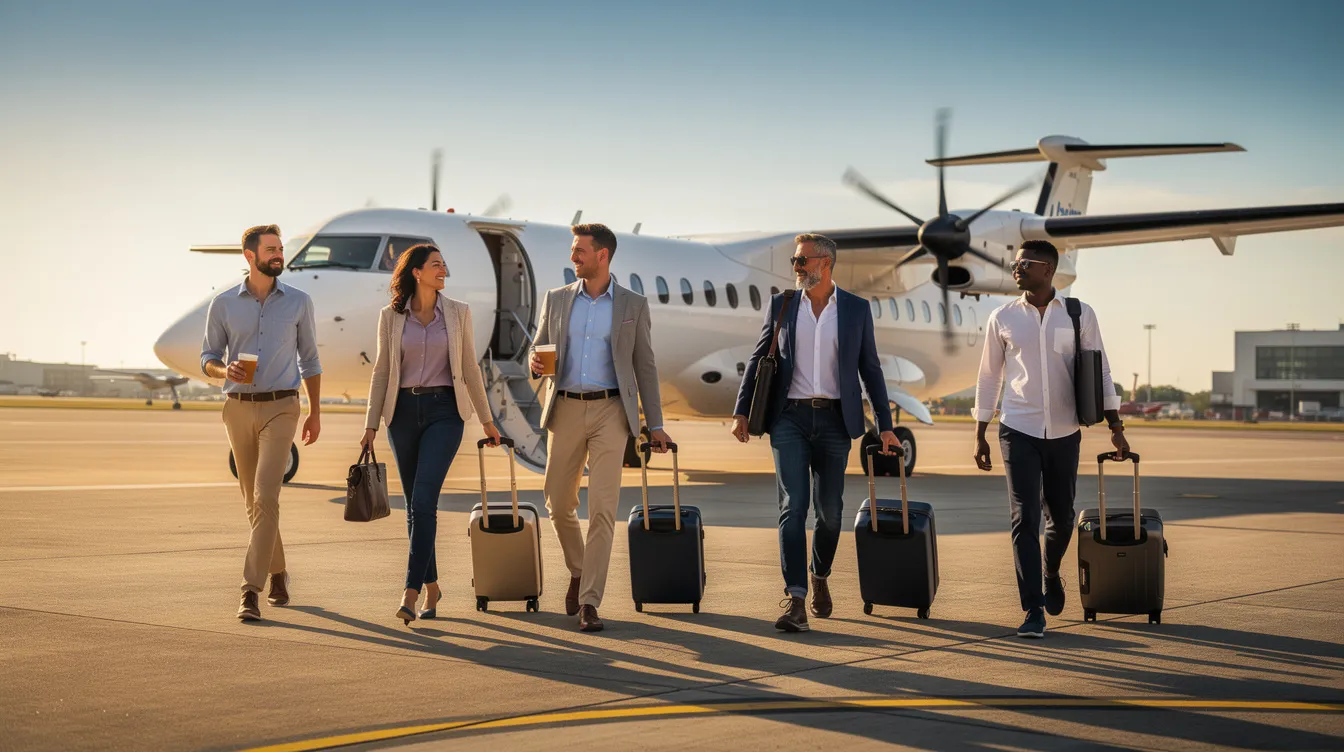 A group of business travelers, dressed in casual professional attire, is walking toward a turboprop ATR 72 aircraft on a sunny tarmac, highlighting the aircraft's fuel efficiency and low operating costs, which make it ideal for serving remote communities and short runways. The scene captures the anticipation of boarding a flight that connects various regions efficiently.