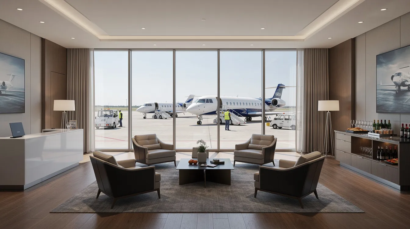 The image depicts the interior of a modern FBO lounge featuring comfortable seating and expansive windows that provide a view of the airport ramp at Washington Manassas Airport. This inviting space is designed for business aviation, showcasing Chantilly Air's commitment to superior services and the latest technology in aircraft management and charter operations.