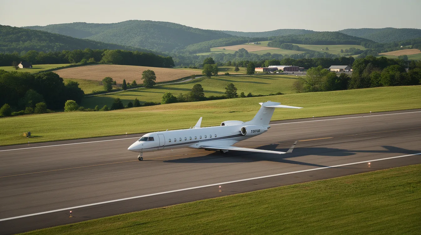 A sleek private jet is parked on the tarmac of a quiet regional airport, surrounded by the lush green countryside of Virginia. This scene reflects the tranquility of business aviation near Washington, with the Chantilly Air Jet Center offering exemplary aircraft management and maintenance services in the DC metro area.