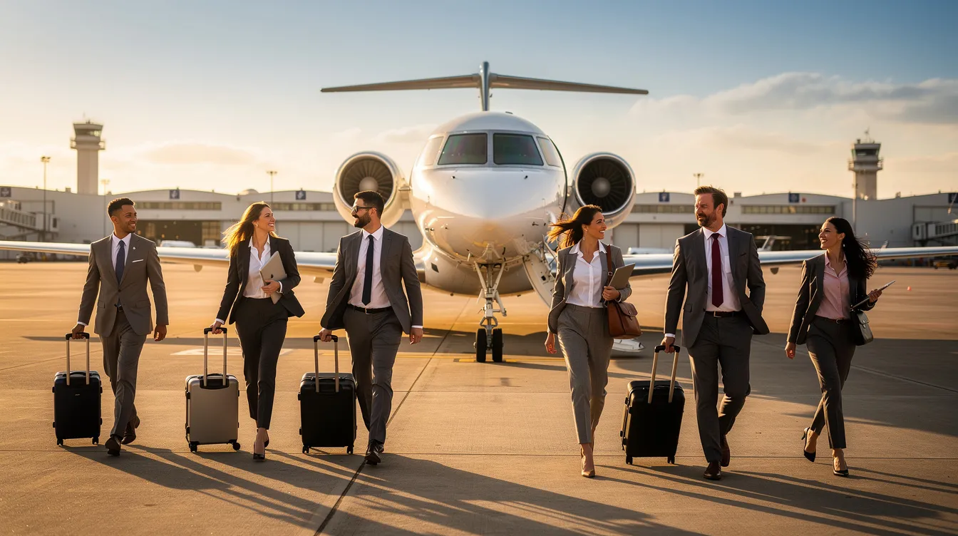 A group of business professionals is walking across the tarmac at Washington Manassas Airport towards a waiting midsize private jet, showcasing the convenience of business aviation and aircraft charter services. This scene highlights the importance of reliable aviation services companies like Chantilly Air, known for their exemplary safety record and highest trained maintenance technicians.