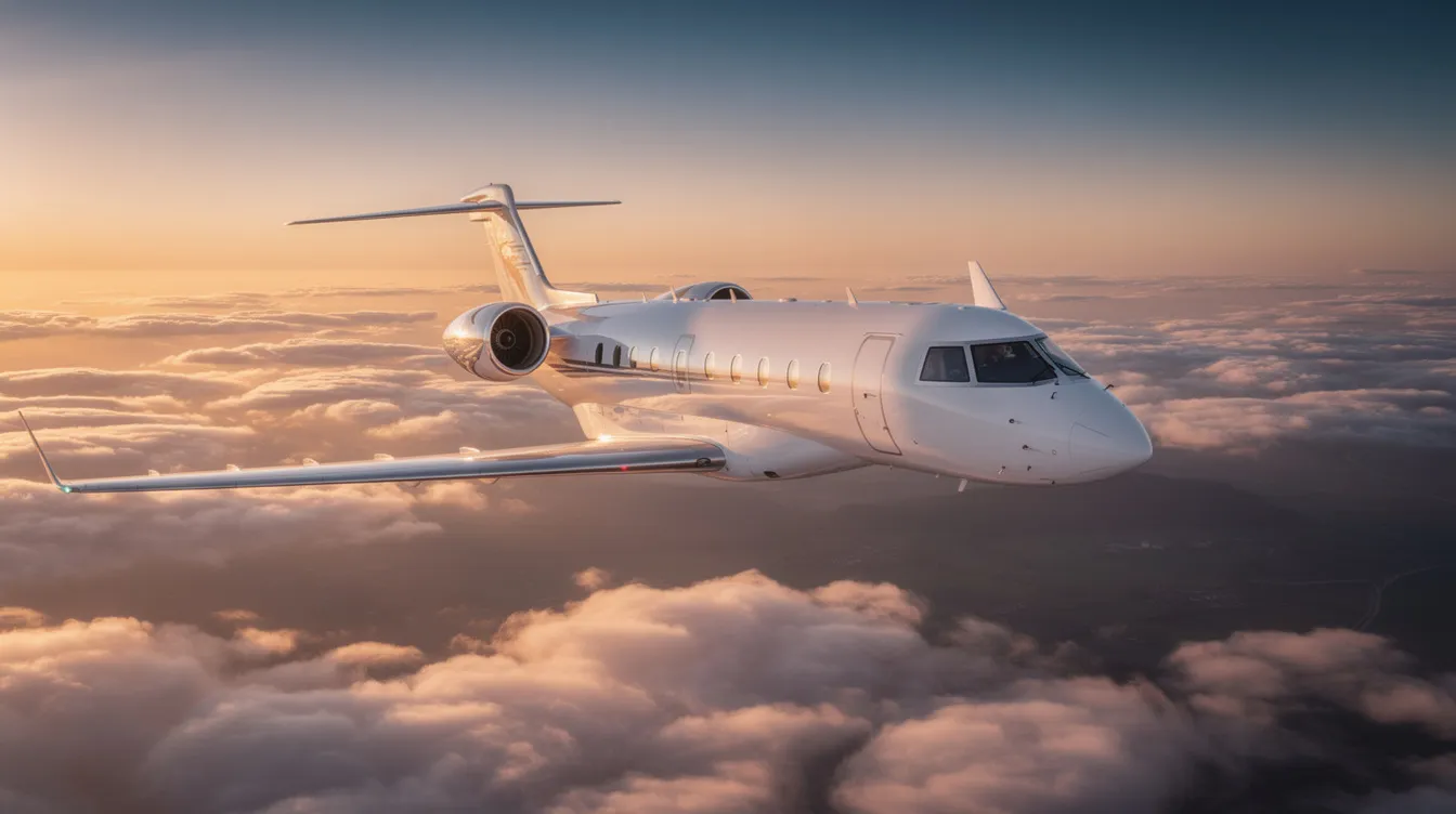 The image features a sleek private jet parked at Lebanon Municipal Airport in Tennessee, surrounded by several modern T hangers. The scene captures the essence of air service, showcasing the airport's facilities that accommodate both commercial and private aircraft.