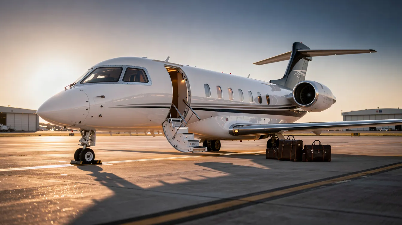 The image features a sleek private jet parked at Lebanon Municipal Airport in Tennessee, surrounded by several modern T hangers. The scene captures the essence of air service, showcasing the airport's facilities that accommodate both commercial and private aircraft.