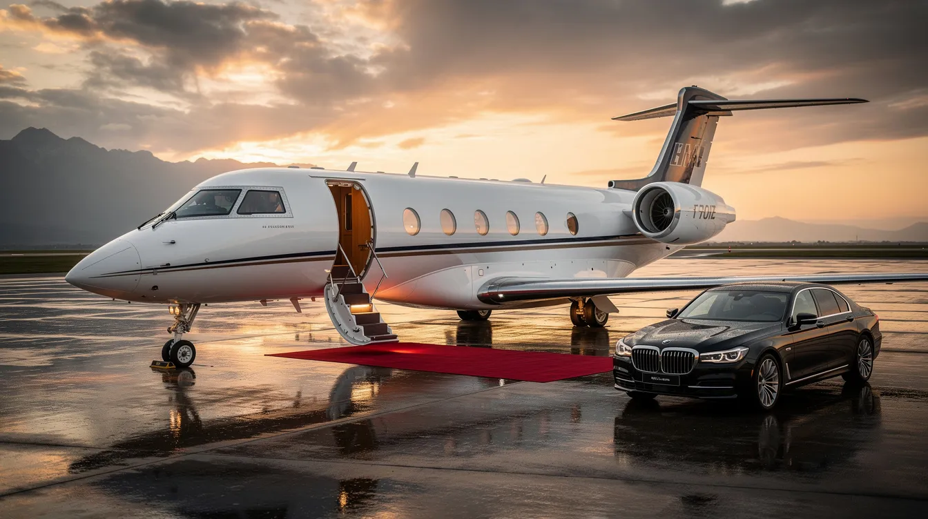 The image depicts a sleek private jet parked at Lebanon Municipal Airport, surrounded by several modern T hangers and lush trees. This airport in Lebanon, TN, accommodates both commercial and private aircraft, offering essential services such as fuel and maintenance for aviation operations.