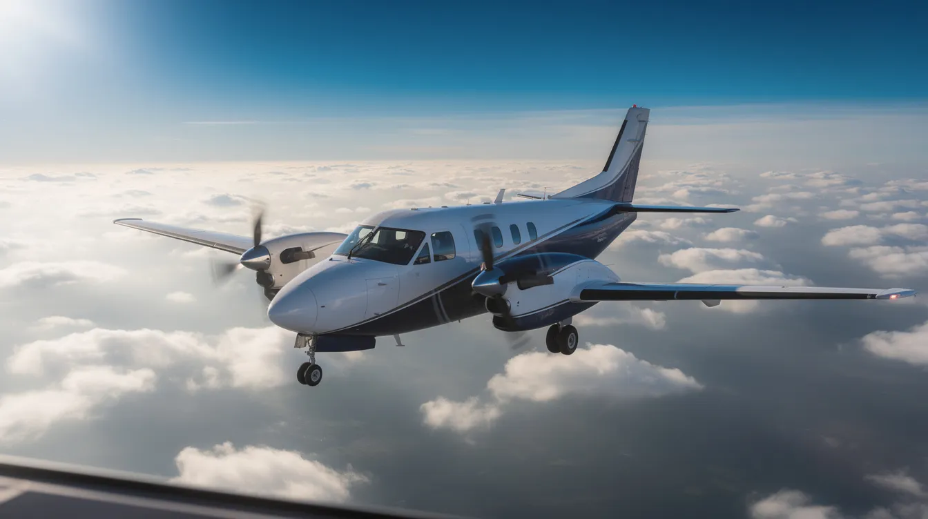 A Daher TBM single-engine turboprop aircraft soars above scattered clouds, with sunlight glinting off its wings. Designed for efficiency, this aircraft offers a maximum cruise speed suitable for up to six passengers, showcasing the sleek lines and advanced technology of the TBM lineup.
