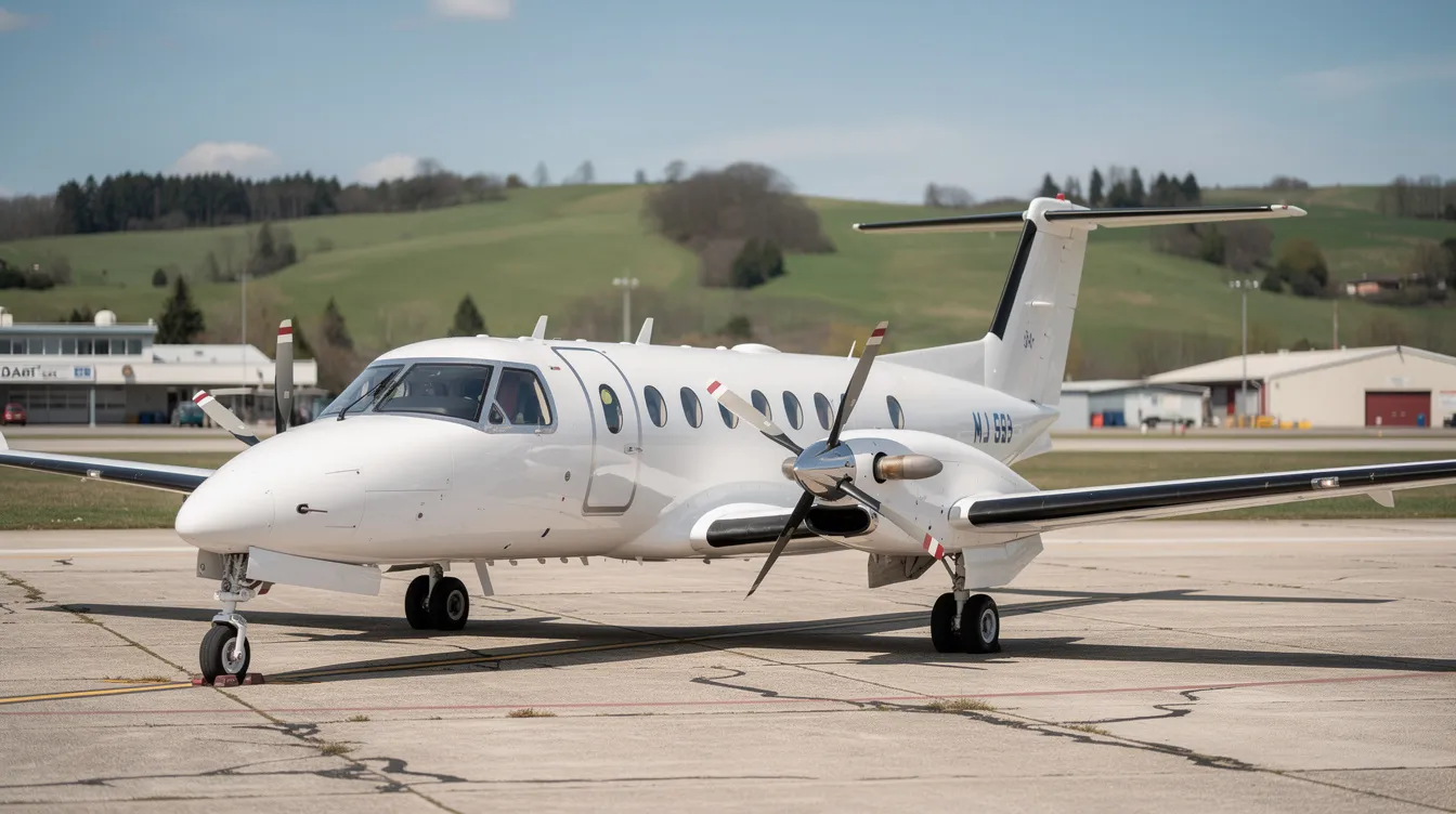 A private turboprop aircraft, specifically a Daher TBM, is parked on the tarmac of a small regional airport, with lush green hills in the background. The aircraft, designed to operate efficiently and accommodate up to six passengers, showcases its sleek profile and single engine, highlighting its capabilities in aviation performance and reliability.