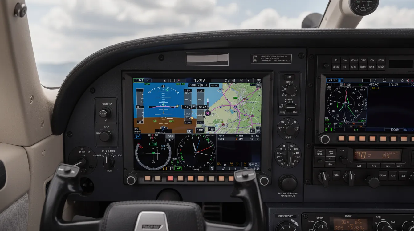The image shows a close-up view of a modern glass cockpit in a small aircraft, featuring multiple digital flight displays that provide crucial data for pilots. This advanced cockpit design is part of the Daher TBM series, known for its efficiency and performance, accommodating up to six passengers with a maximum takeoff weight that enhances its operational capabilities.
