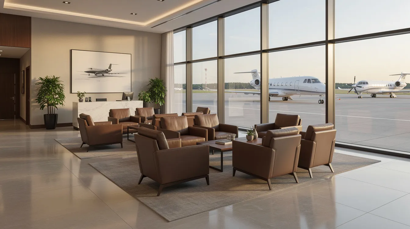 The image depicts the interior of a clean private aviation lounge featuring comfortable seating and large windows that provide a view of the small airport ramp at Monmouth Executive Airport. The space is designed for passengers and pilots, offering a relaxing atmosphere as they await their flights.