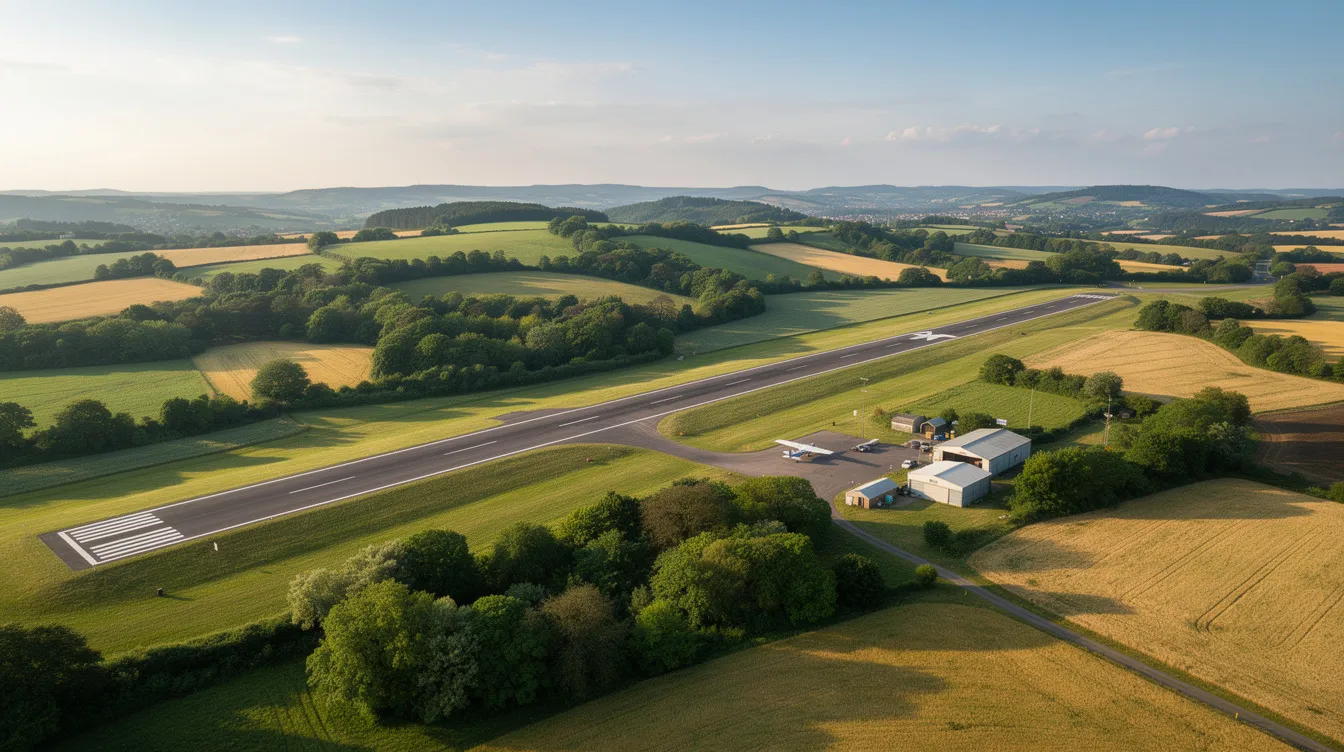 An aerial view of Monmouth Executive Airport showcases a long asphalt runway surrounded by lush green fields and trees, typical of the New Jersey countryside. The scene highlights the airport's potential as a key hub for airline flights and aviation enthusiasts, with ample space for aircraft and future expansion.