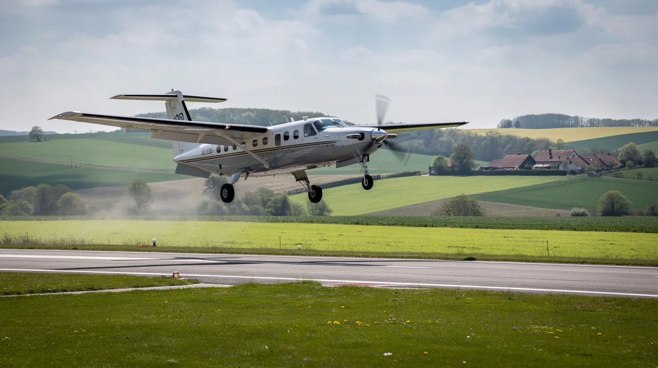 A single-engine turboprop aircraft is landing on a short grass runway, surrounded by the lush green countryside of Europe, showcasing the charm of private aviation. This scene highlights the reliability and versatility of charter flights in picturesque destinations, offering a unique journey for customers seeking a personalized flying experience.