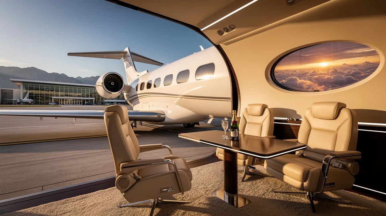 The image features a sleek private jet parked at an airport, showcasing its modern design and luxurious cabin, symbolizing the high standards of business aviation and private aviation. This twin engine jet represents the reliability and quality that customers expect from charter flights offered by companies like Jetfly Airlines.