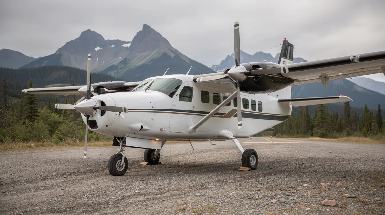 A Cessna Caravan turboprop aircraft, specifically the Cessna 208 Caravan, is parked on a gravel airstrip surrounded by untouched wilderness, showcasing its high wing design and fixed landing gear. The spacious cabin is designed to accommodate up to nine passengers or cargo, highlighting its versatility for both commuter airlines and cargo operations.