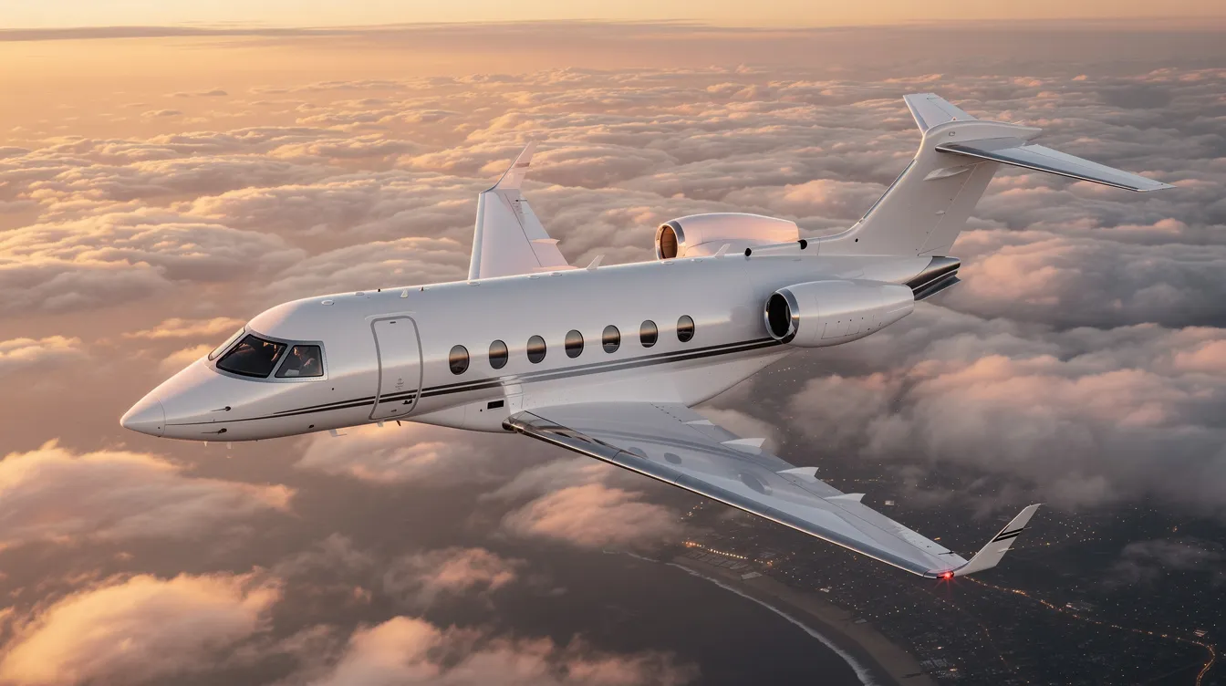 The image depicts a luxurious private jet parked at a well-maintained airport facility, possibly at Greene County Airport in Xenia, Ohio. Surrounding the aircraft are modern hangars and a lounge area, highlighting the airport's amenities and services for travelers.