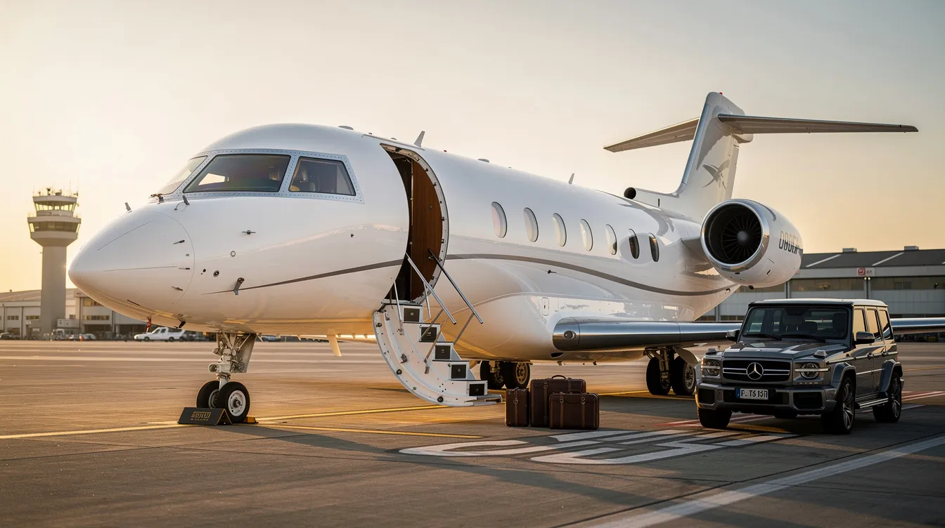 The image depicts a luxurious private jet parked at a well-maintained airport facility, possibly at Greene County Airport in Xenia, Ohio. Surrounding the aircraft are modern hangars and a lounge area, highlighting the airport's amenities and services for travelers.
