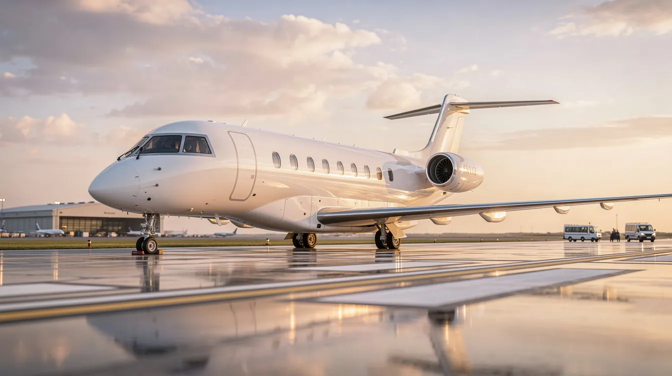 The image features a sleek private jet parked on the tarmac of an airport, with a clear sky in the background. This setting could be reminiscent of the Greene County Airport in Xenia, Ohio, showcasing the modern facilities and services available for aircraft.