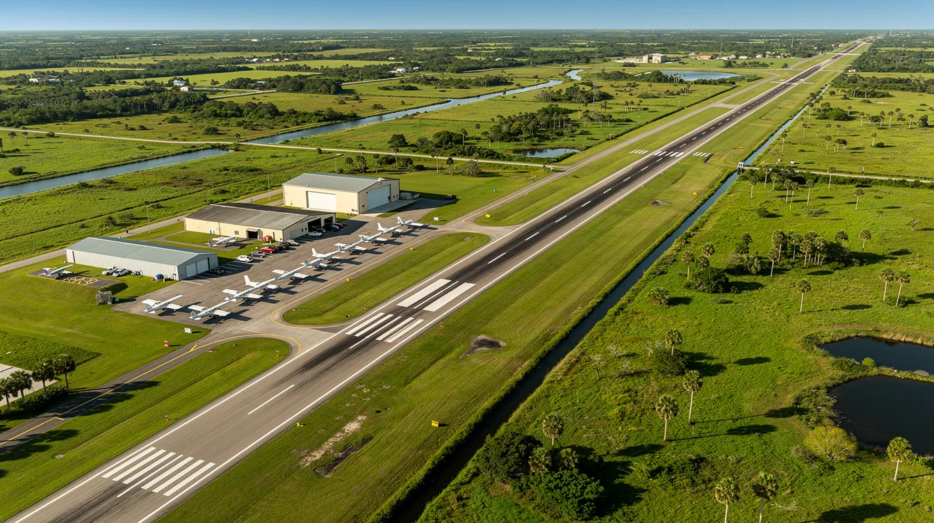 An aerial view showcases the homestead general aviation airport, nestled within the flat, green landscape of South Florida. The scene highlights the airport's paved runway and surrounding trees, emphasizing its role in flight training and general aviation activities.