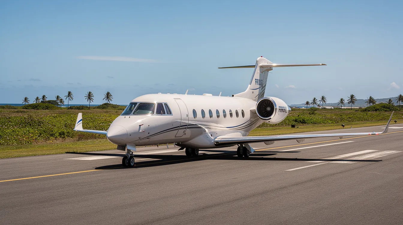 A light jet aircraft is taxiing on a paved runway at the homestead general aviation airport, surrounded by flat tropical scenery and clear blue skies. In the background, the vibrant landscape of South Florida's flora complements the aviation activity, highlighting the airport's role in general aviation and flight training.