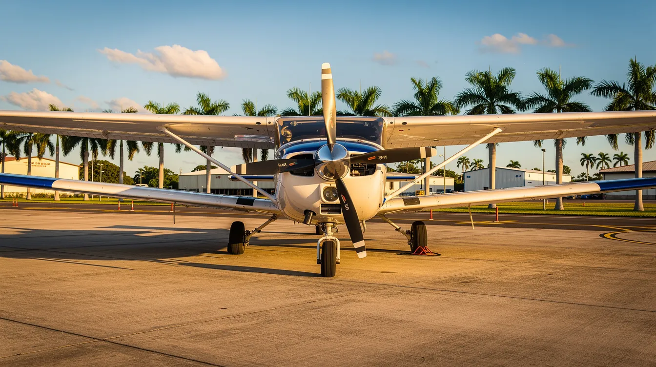 A small propeller aircraft is parked on a sunlit ramp at the Homestead General Aviation Airport, with palm trees swaying gently in the background. The scene captures the essence of South Florida's aviation, highlighting the airport's proximity to Miami and its role in flight training.
