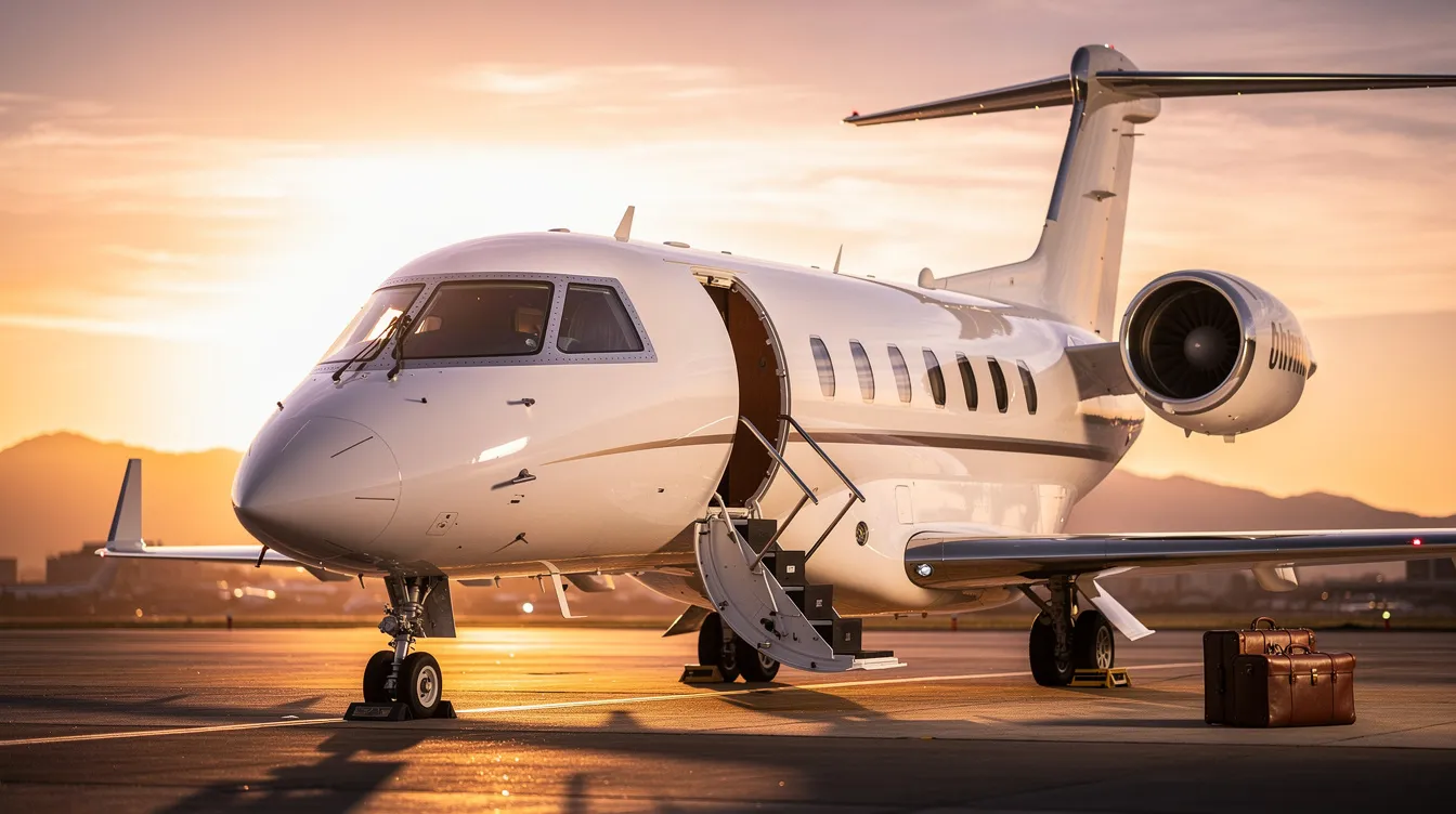 The image depicts a sleek private jet parked at the Orleans Lakefront Airport, showcasing its polished exterior against the backdrop of Lake Pontchartrain. The terminal, designed with art deco elements, is visible in the distance, highlighting the airport's historic charm in the New Orleans area.