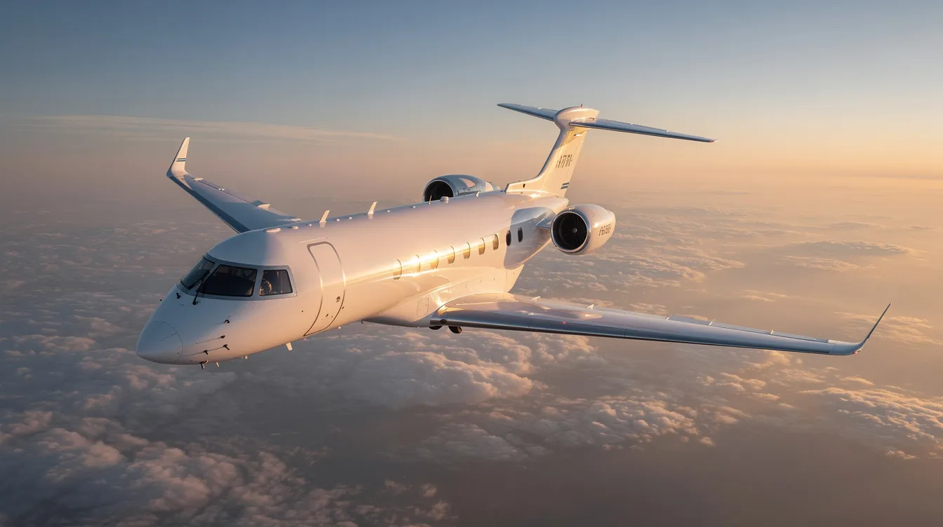 The image depicts a private jet parked at the New Orleans Lakefront Airport, showcasing the sleek design of the aircraft against the backdrop of the historic terminal. In the distance, the serene waters of Lake Pontchartrain can be seen, enhancing the picturesque setting of this aviation hub in the New Orleans area.