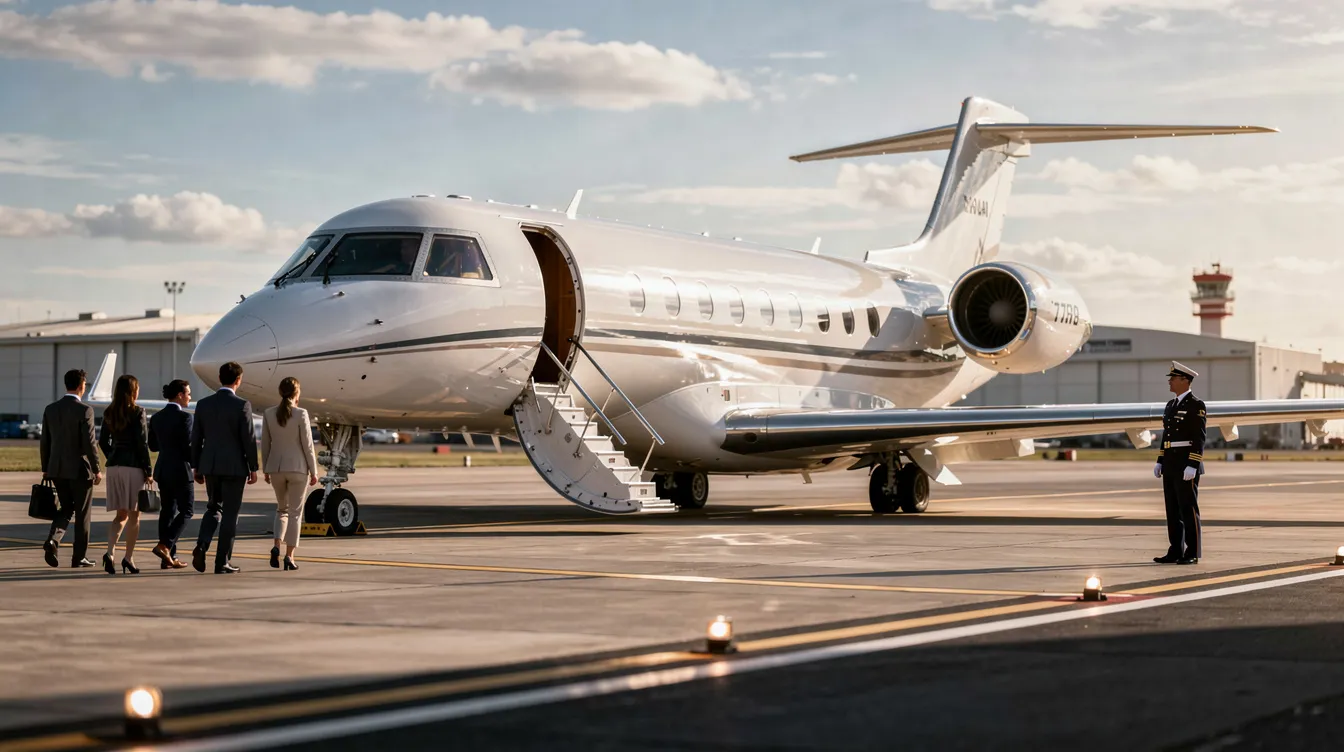 The image depicts a private jet parked at the New Orleans Lakefront Airport, showcasing the sleek design of the aircraft against the backdrop of the historic terminal. In the distance, the serene waters of Lake Pontchartrain can be seen, enhancing the picturesque setting of this aviation hub in the New Orleans area.