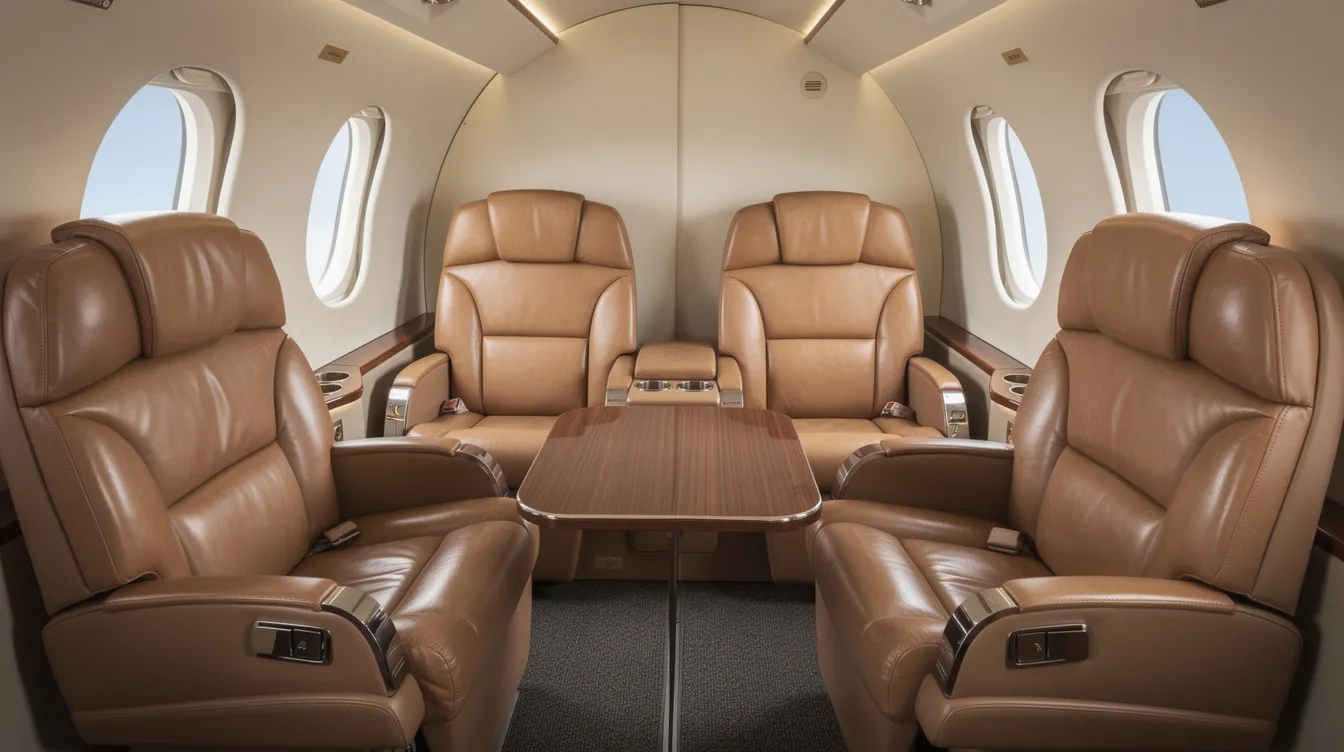 The image shows the interior of a small aircraft cabin, specifically a Beechcraft King Air C90, featuring four leather club seats arranged to face each other, with a fold-out table positioned between them. This cozy setup is designed for passenger comfort during flights, showcasing the aircraft's utility and efficient cabin configuration.